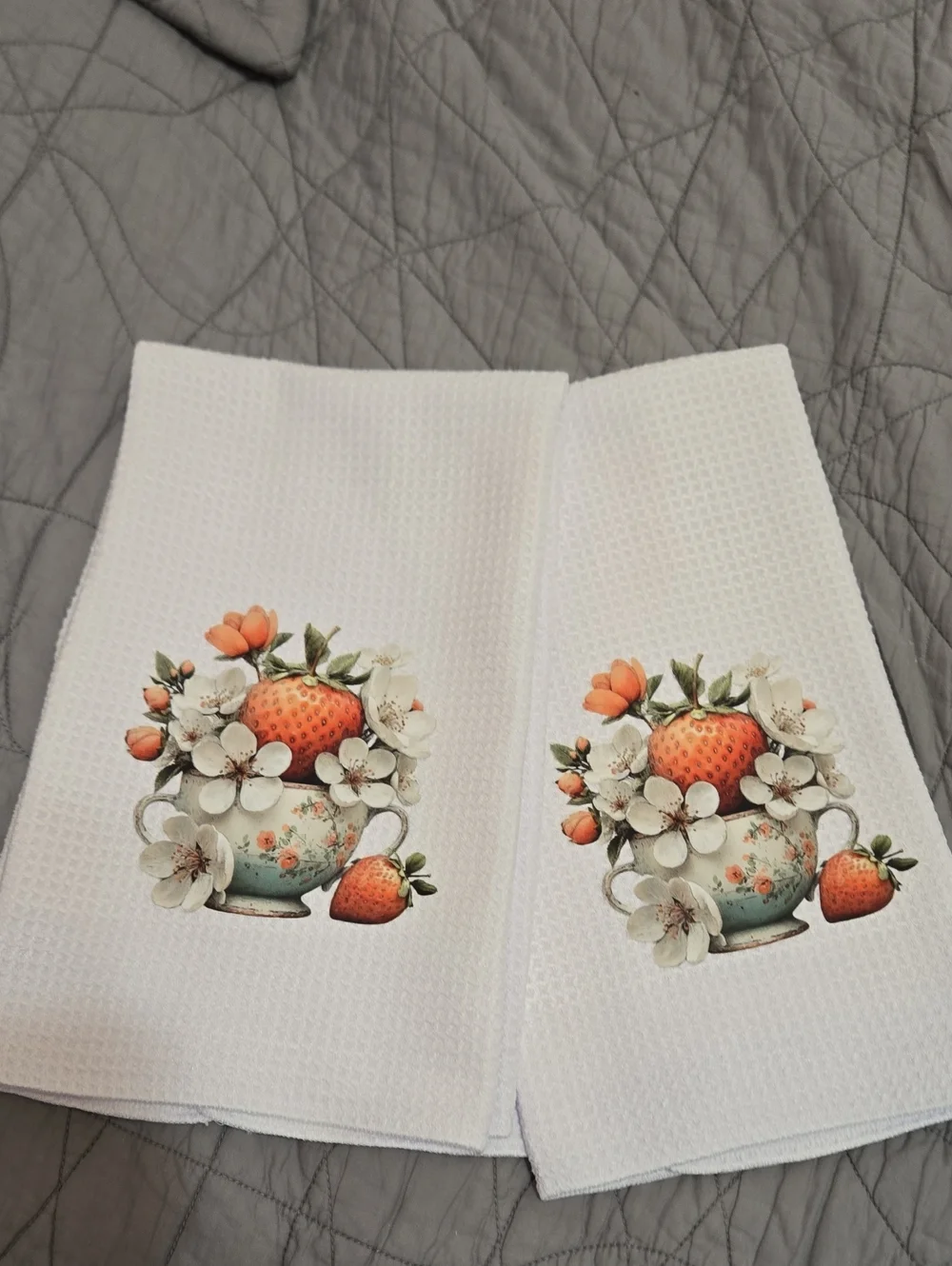 White Waffle Weave Kitchen Towels with Strawberry Floral Print Set Of 2  16×23in